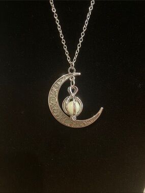 Silver Crescent Moon Pendant Necklace with Orb B38